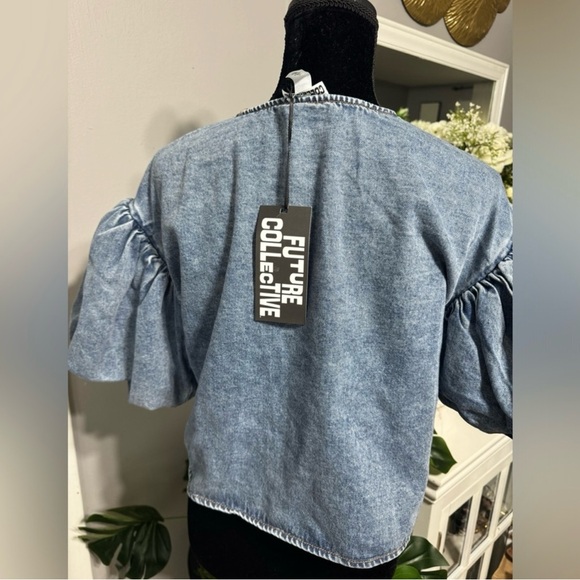 Future Collective Denim Puff Sleeve Top NWT - Picture 6 of 7